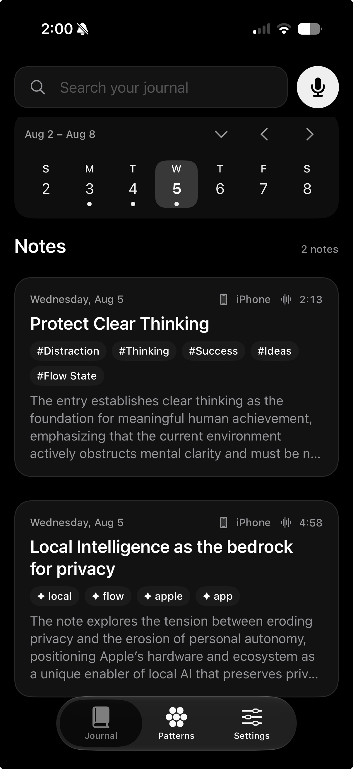 Flow journal showing saved notes